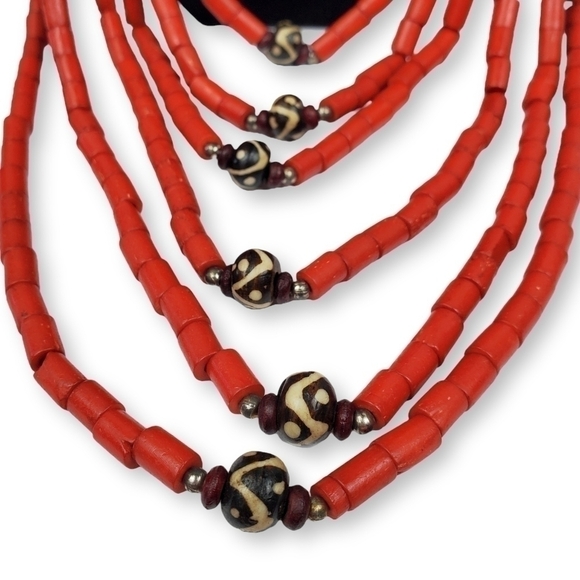 INDIA Multistrand Beaded Necklace Red Cream Dyed Bovine Bone Ethnic Massive Long - Picture 3 of 10